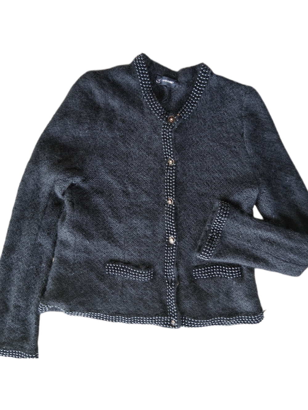 Vintage 90s Women's Charcoal Knit Cardigan Beaded  Trim - Unbranded